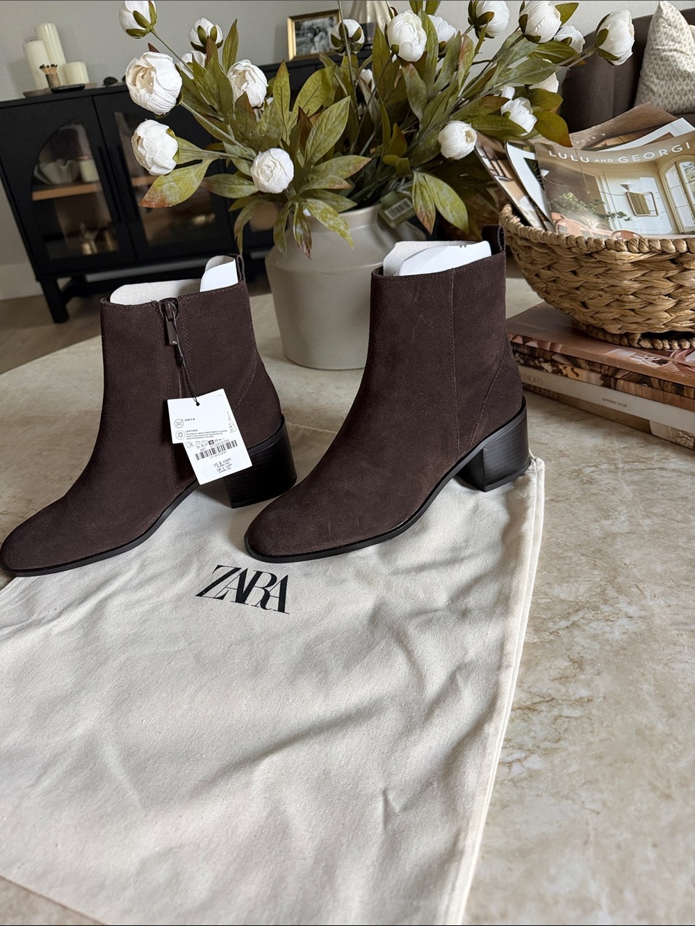 Zara Dark Brown Suede Ankle Boots with Block Heel